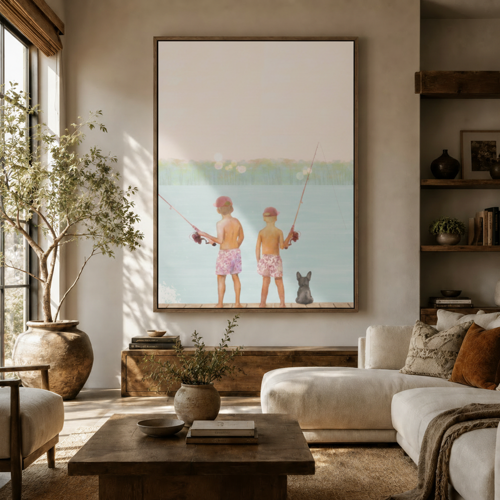 Boys summer fishing dock watercolor canvas in walnut frame above rustic sideboard in warm bright living room