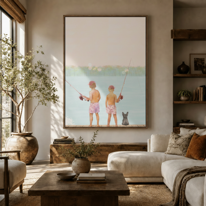 Boys summer fishing dock watercolor canvas in walnut frame above rustic sideboard in warm bright living room