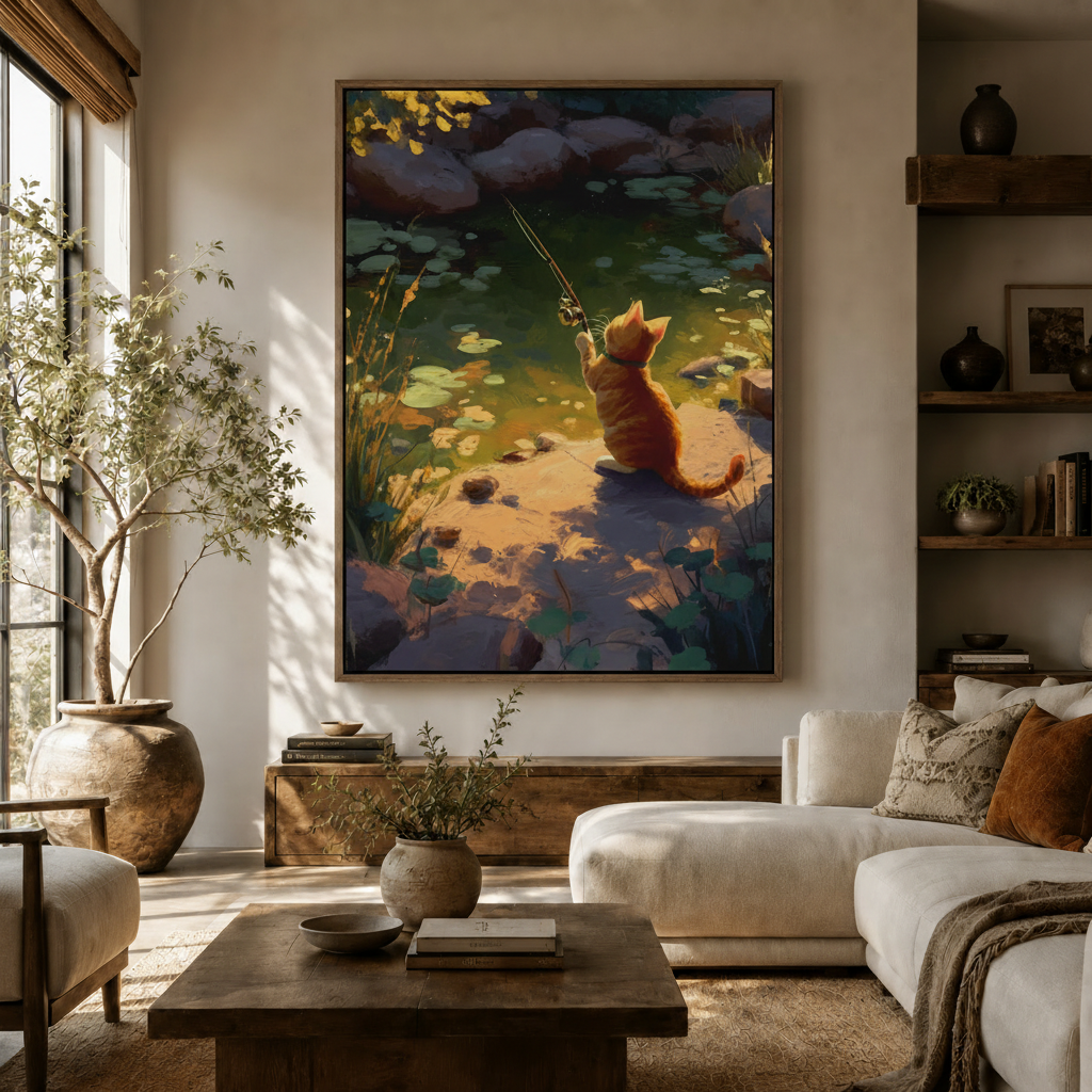 Whimsical cat fishing canvas art hanging in warm Japandi style living room