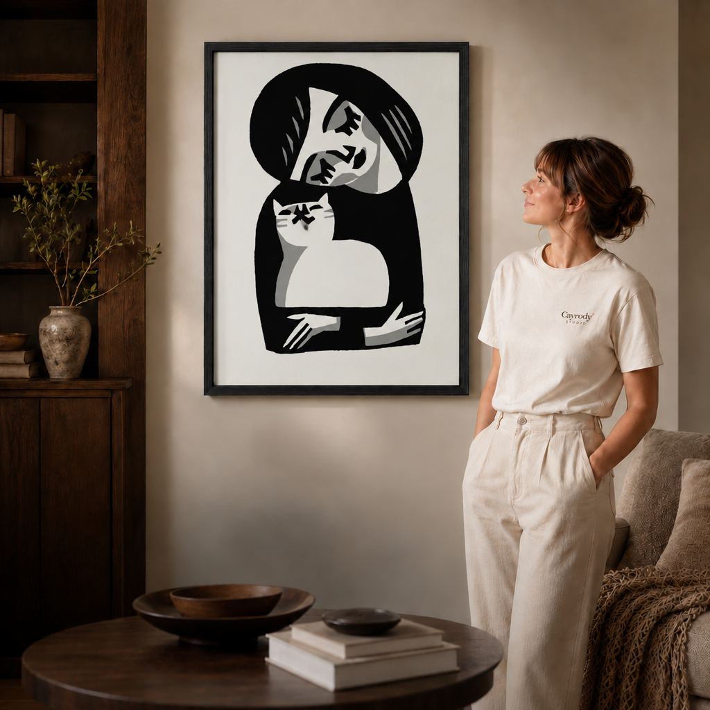Black framed woman hugging a cat wall art styled in a warm modern living room