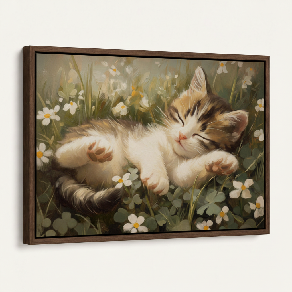 Sleeping kitten floral artwork displayed in a slim dark walnut floating frame.