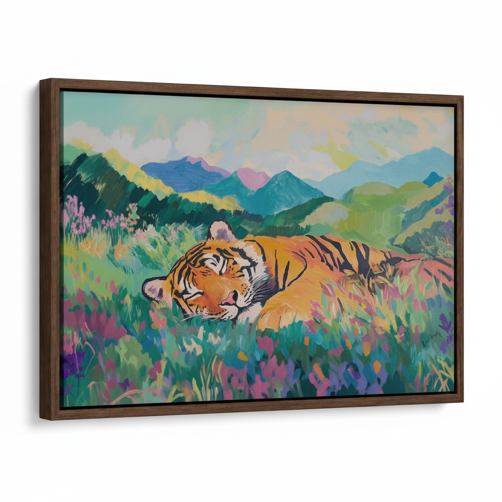 Dark walnut float frame canvas print of sleeping tiger in colorful meadow at 45-degree angle on white background
