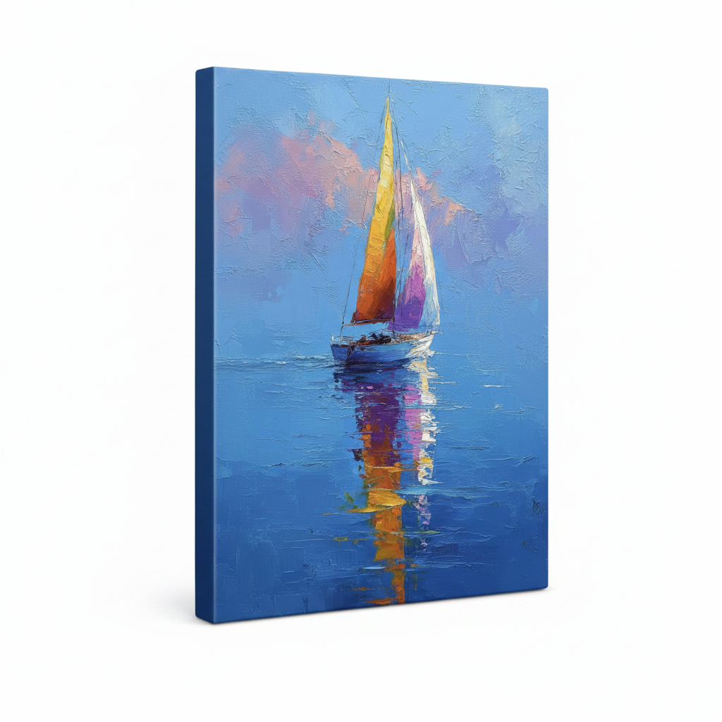 Gallery wrapped sailboat canvas print with solid blue edges shown at angle on white background