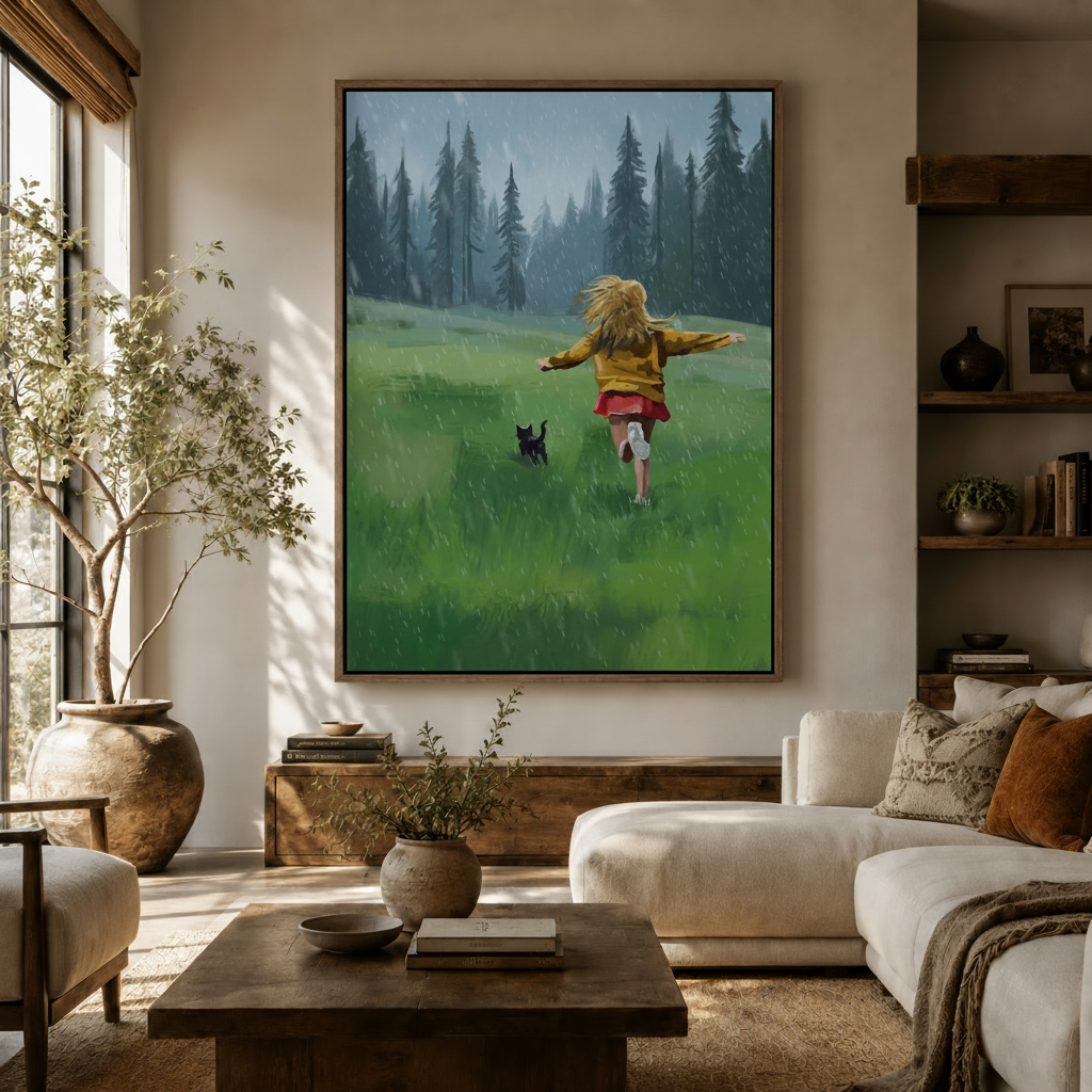 Joyful girl running rain meadow realist canvas displayed above sideboard in warm modern living room