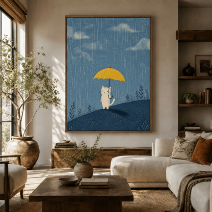 Whimsical cat yellow umbrella rain illustration canvas in walnut frame above rustic sideboard in warm living room