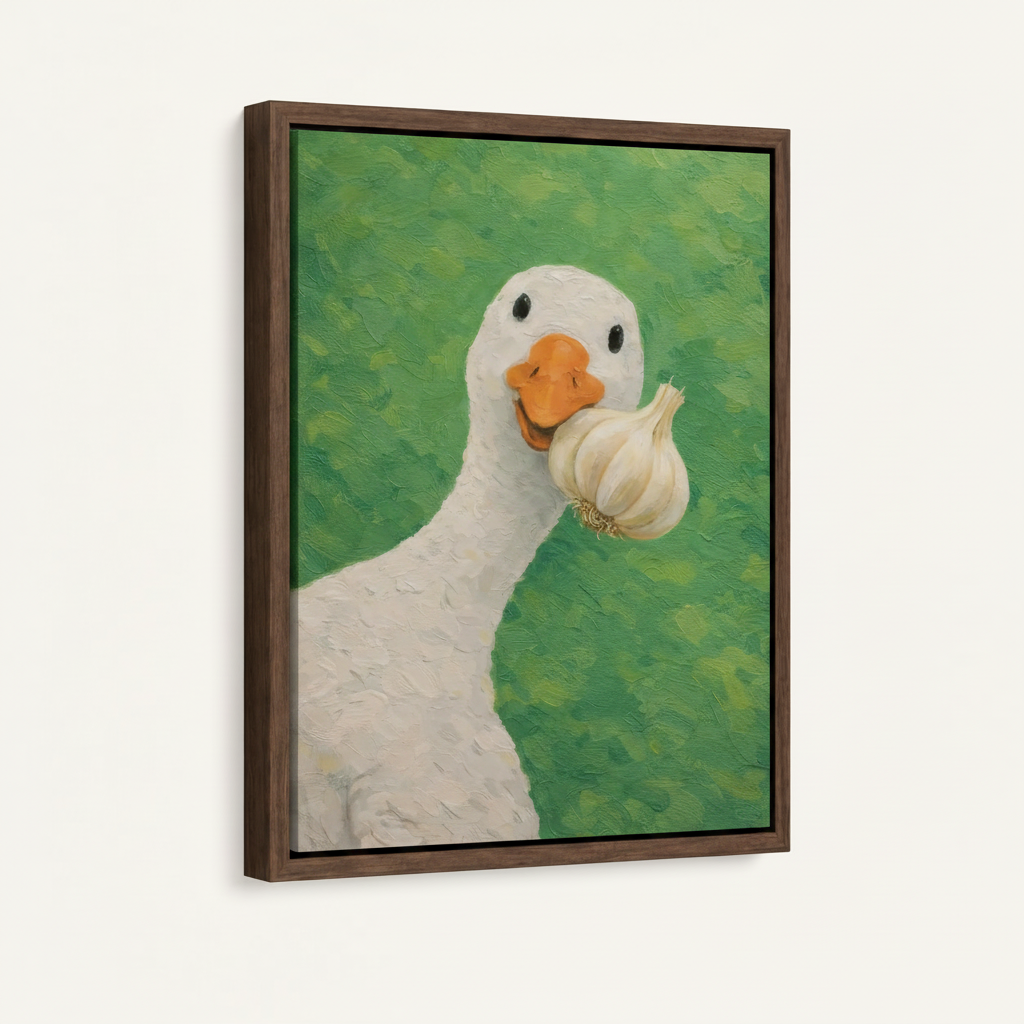Dark walnut framed canvas of white goose with garlic bulb on vibrant green background, 3/4 angle view
