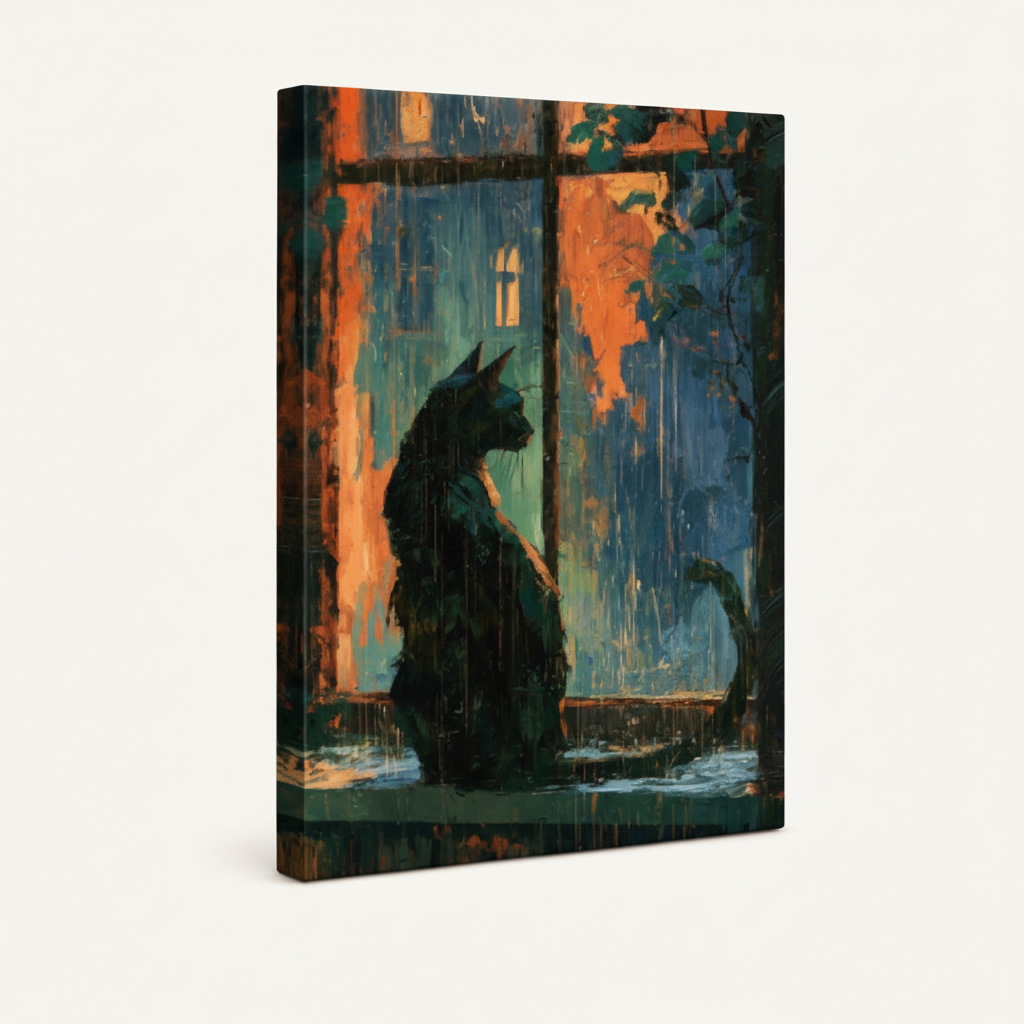 Gallery-wrapped rainy night black cat canvas print at angle showing side depth on off-white background