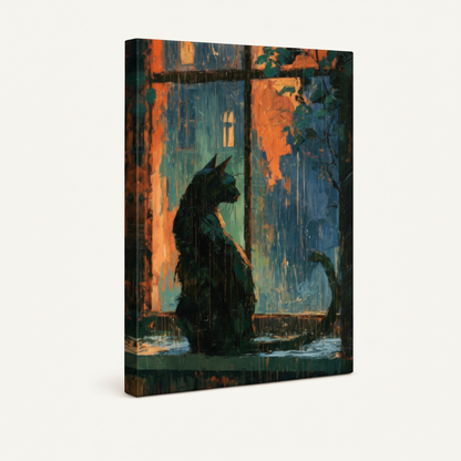 Gallery-wrapped rainy night black cat canvas print at angle showing side depth on off-white background