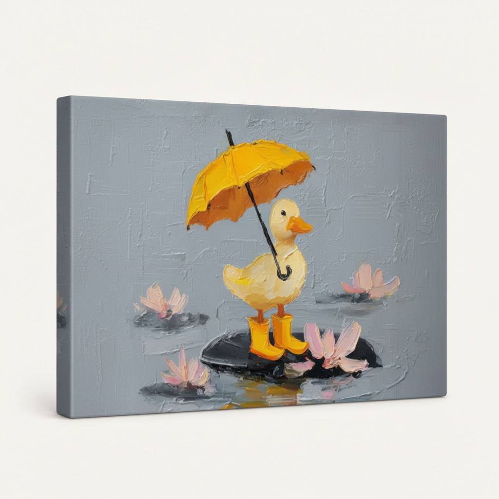 Gallery-wrapped whimsical duck canvas print closeup showing textured oil-style brushstrokes