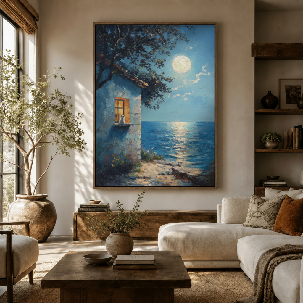 Moonlit cat canvas wall art displayed in modern living room with olive tree, cream sofa, and warm natural light