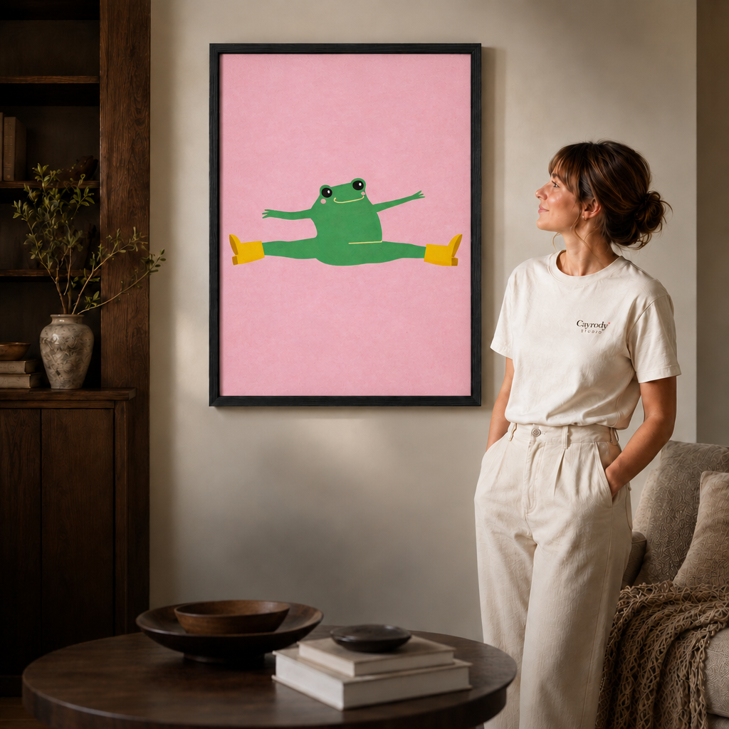 Black framed splits frog artwork in a warm modern living room