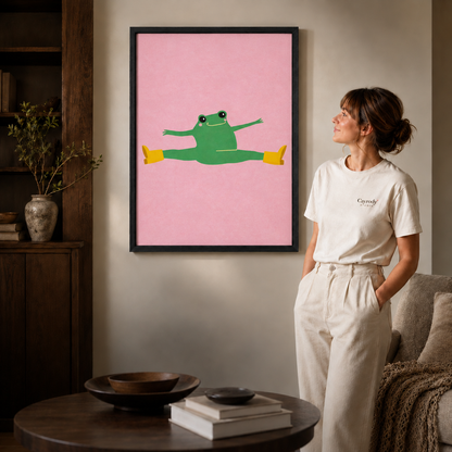 Black framed splits frog artwork in a warm modern living room