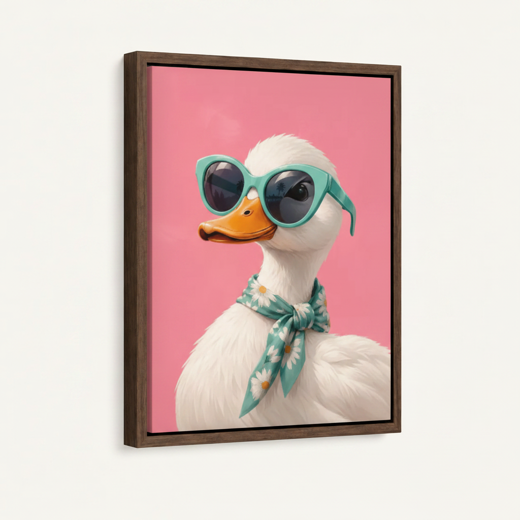 Dark walnut framed canvas of white duck in teal sunglasses on pink background, 3/4 angle view