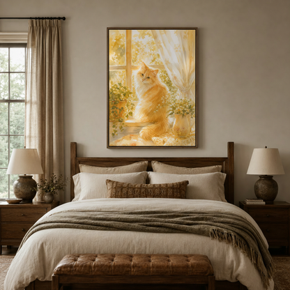 Golden cat window impressionist canvas wall art hanging above bed in cozy bedroom interior