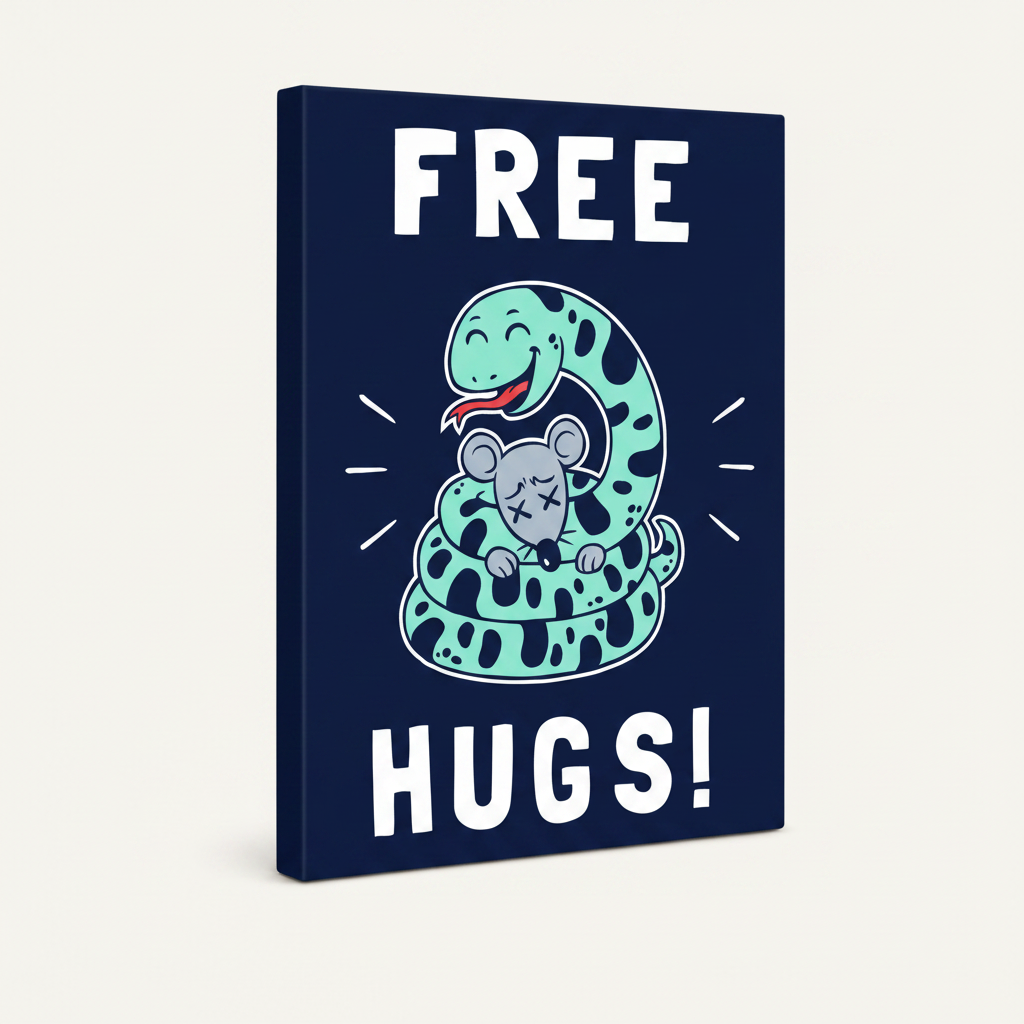 Gallery wrapped Free Hugs snake canvas print at angle showing navy blue wrapped sides