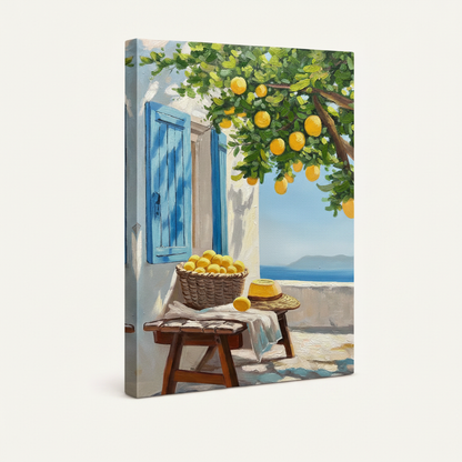 Gallery-wrapped Mediterranean lemon tree canvas print shown at angle on cream background