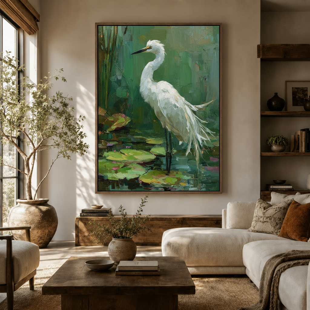 Large impressionist white egret nature canvas wall art hung in warm modern living room above sideboard