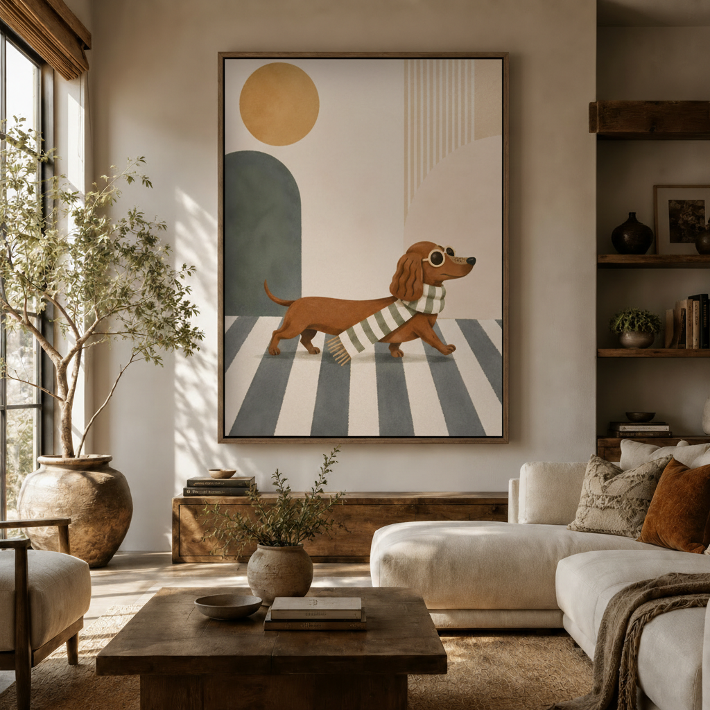 Bold dachshund crosswalk illustration canvas in walnut frame above rustic sideboard in warm modern living room