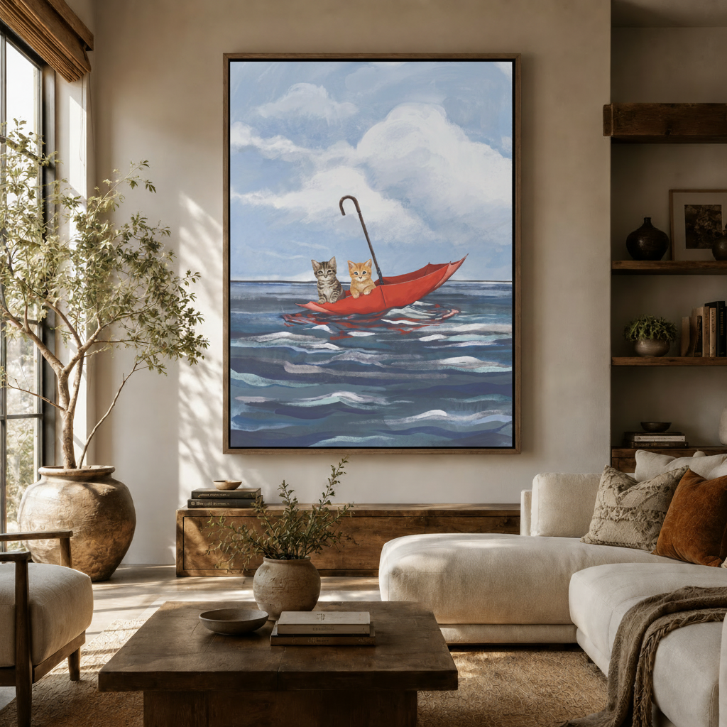 Large cat ocean canvas wall art hung above sideboard in warm modern living room setting