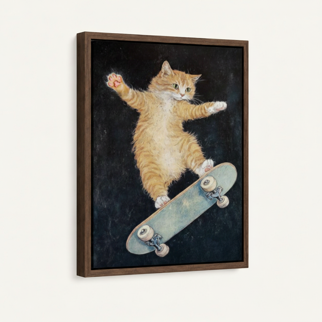 Dark walnut floating frame canvas of orange cat mid-skateboard trick on dark background, 3/4 view