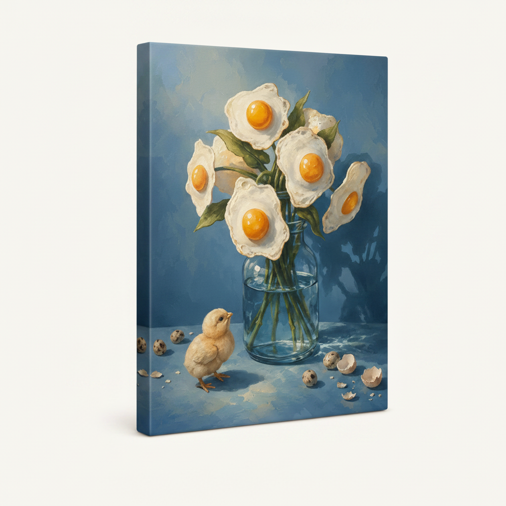 Gallery-wrapped surrealist egg bouquet canvas shown at angle on white background