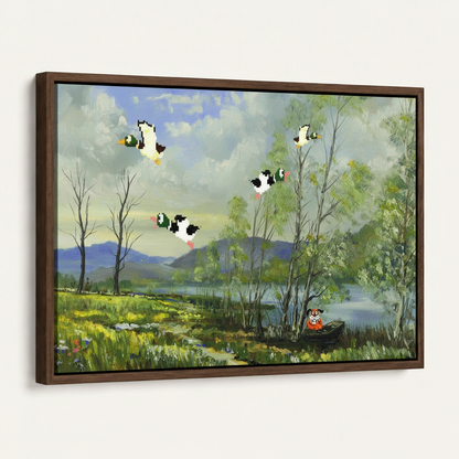 Dark walnut float frame canvas print of spring lakeside landscape, angled product view