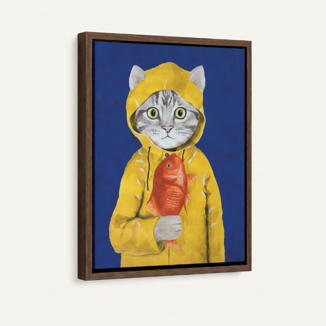 Dark walnut floating frame canvas of cat in yellow raincoat holding fish, angled view