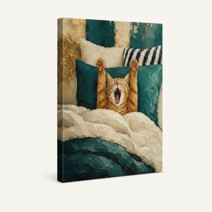 Gallery-wrapped orange cat yawning canvas print shown as standalone product on white background
