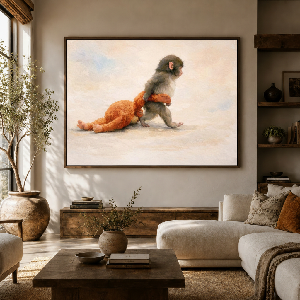 Baby monkey orange pajamas classical canvas art in warm entryway golden window light staircase console