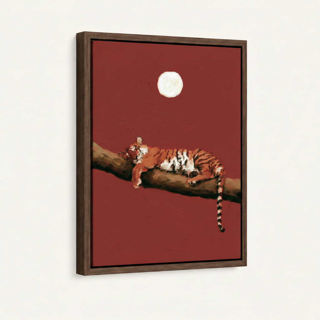 Framed tiger moon canvas art print crimson background dark walnut floating frame