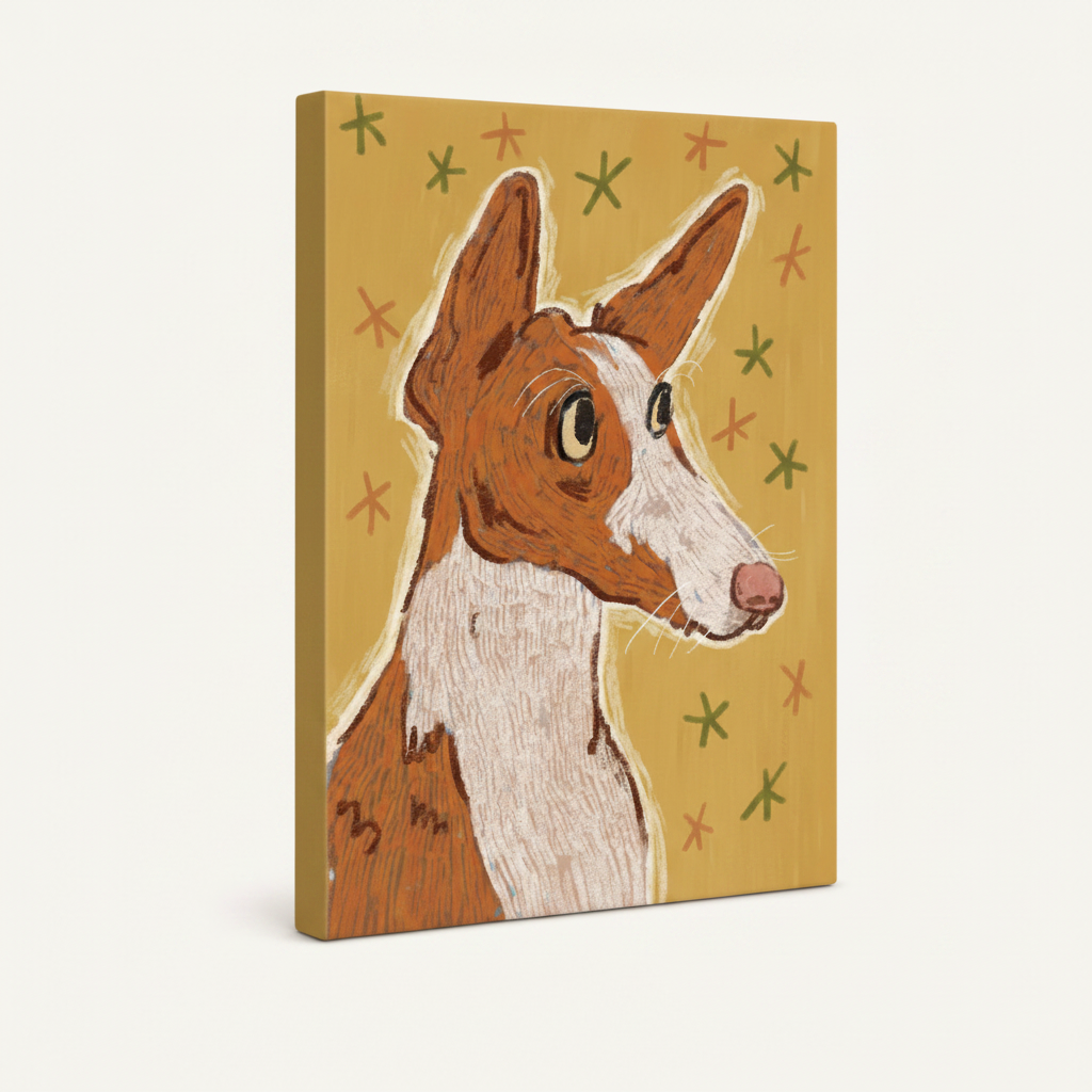 Gallery-wrapped Ibizan Hound folk art canvas print angled view showing mustard yellow wrapped sides and crayon texture detail