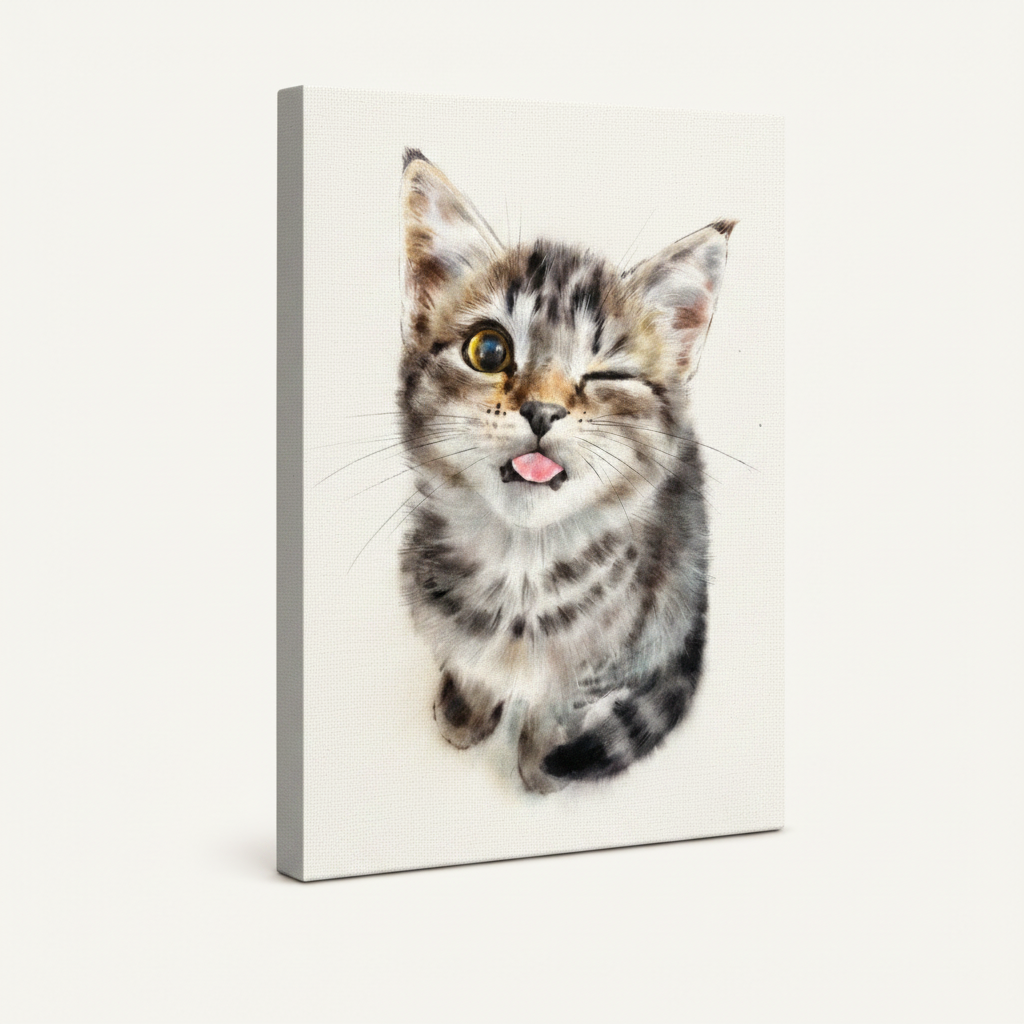 Gallery-wrapped winking kitten watercolor canvas print shown at angle on cream background