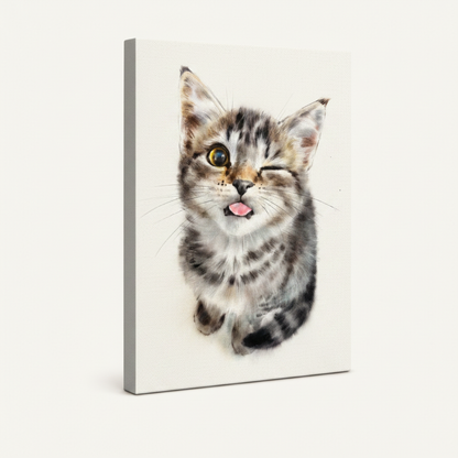 Gallery-wrapped winking kitten watercolor canvas print shown at angle on cream background
