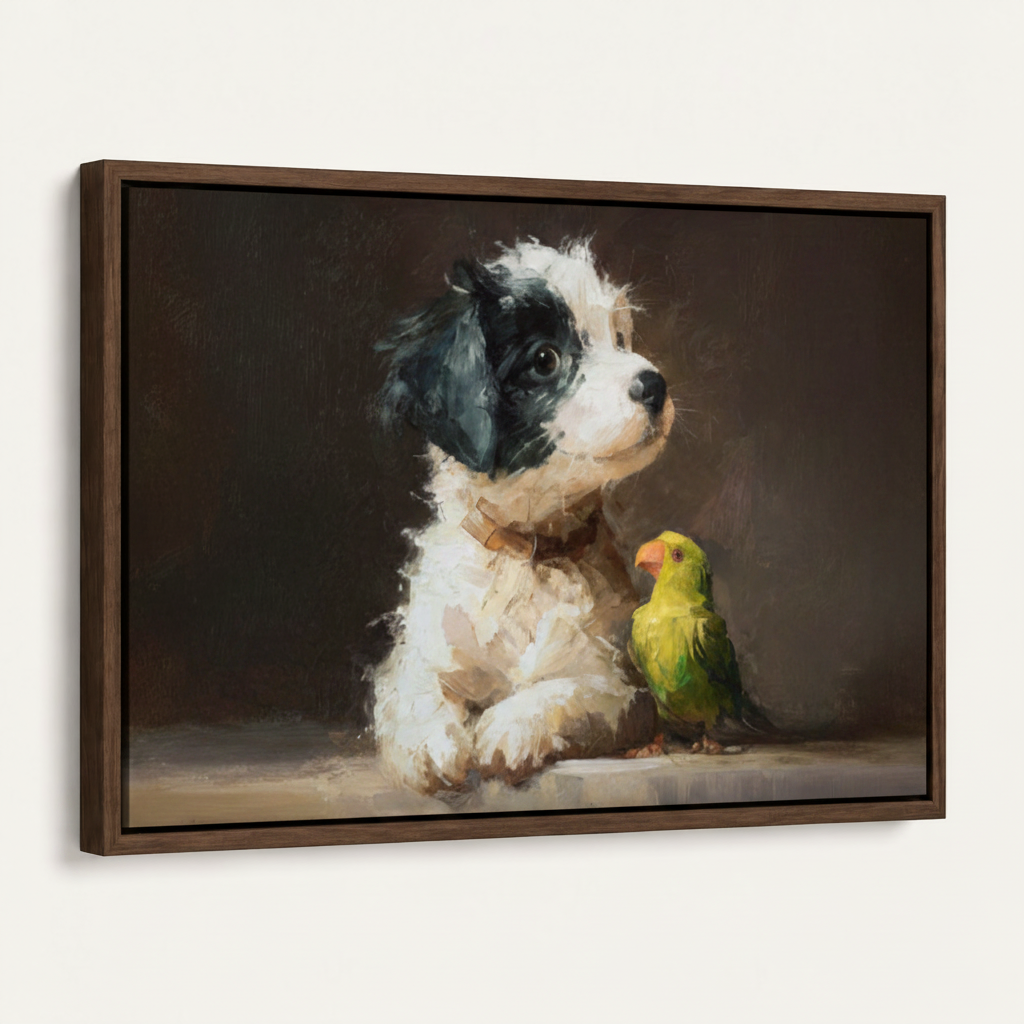 Framed impasto puppy and parrot canvas art shown at angle on white background — dark walnut floater frame
