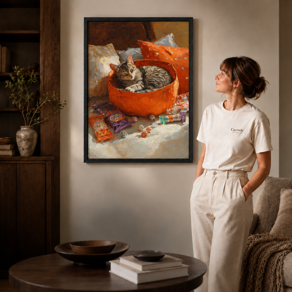 Black-framed tabby cat in an orange witch hat styled in a cozy living room.