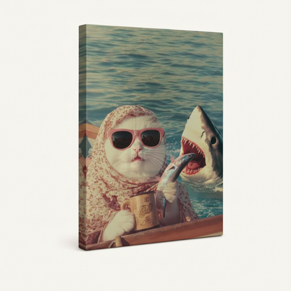 Gallery-wrapped funny cat shark canvas print at angle showing painted sides without frame on cream background