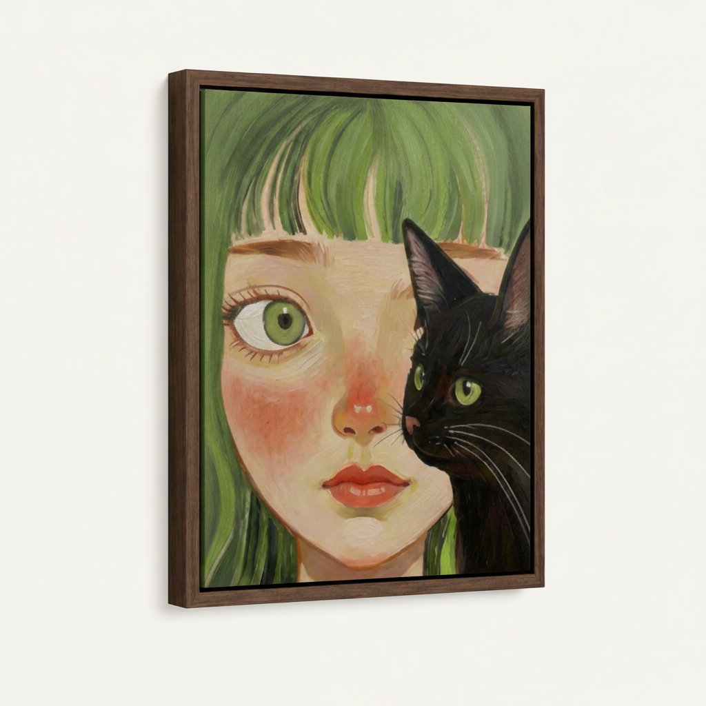 Framed girl and black cat portrait canvas in dark walnut float frame, white background side angle view