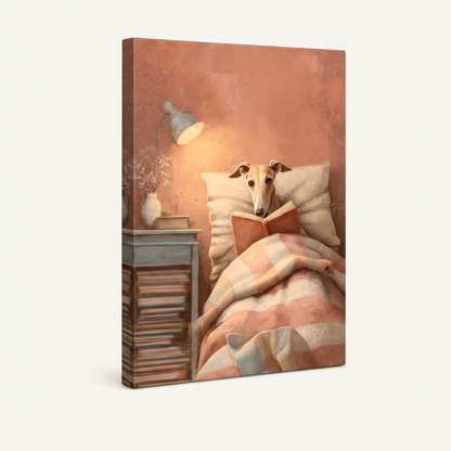 Whimsical dog canvas print shown as gallery wrap with visible side depth and peach tones, white background