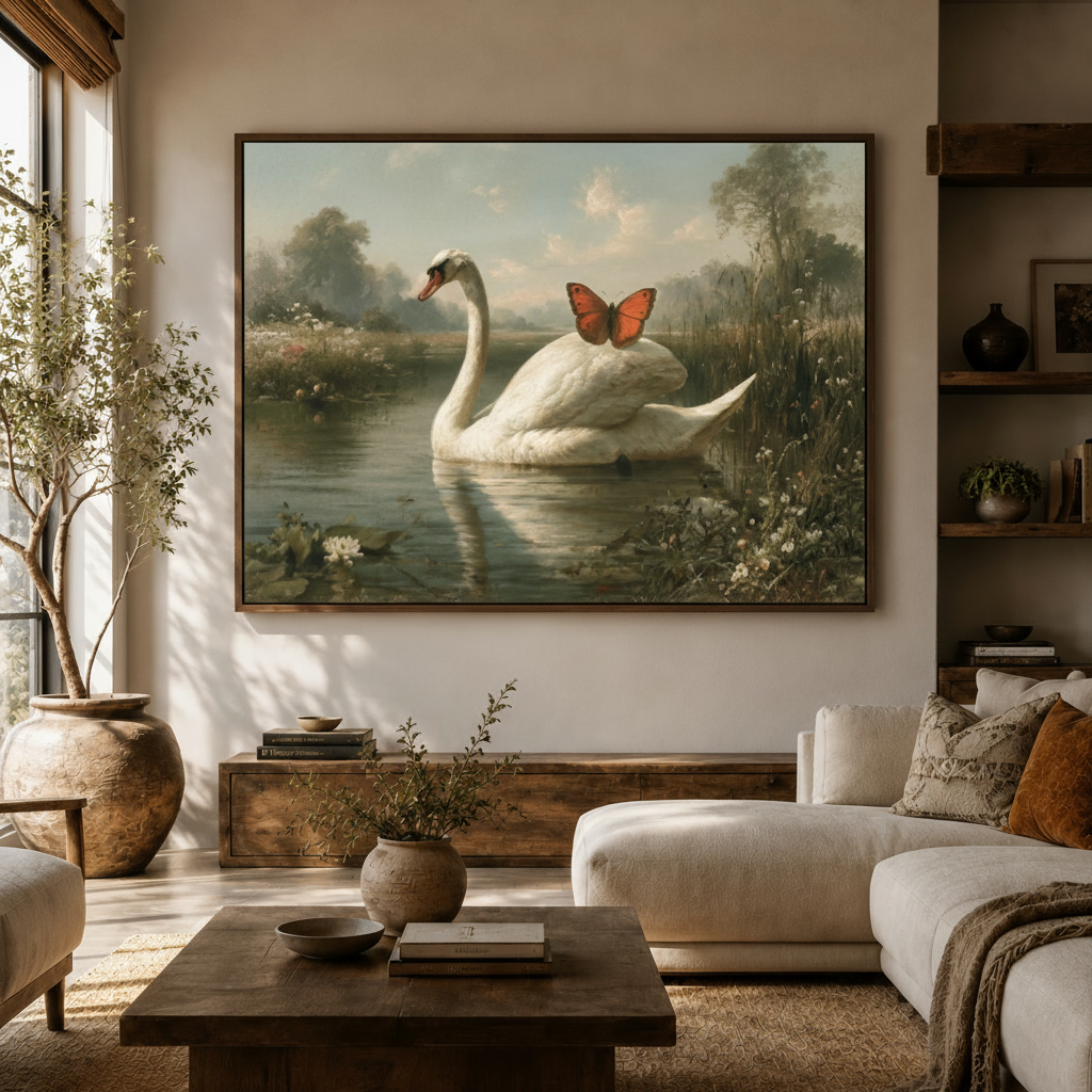 Large classical swan butterfly lake canvas above walnut console in warm neutral modern living room setting