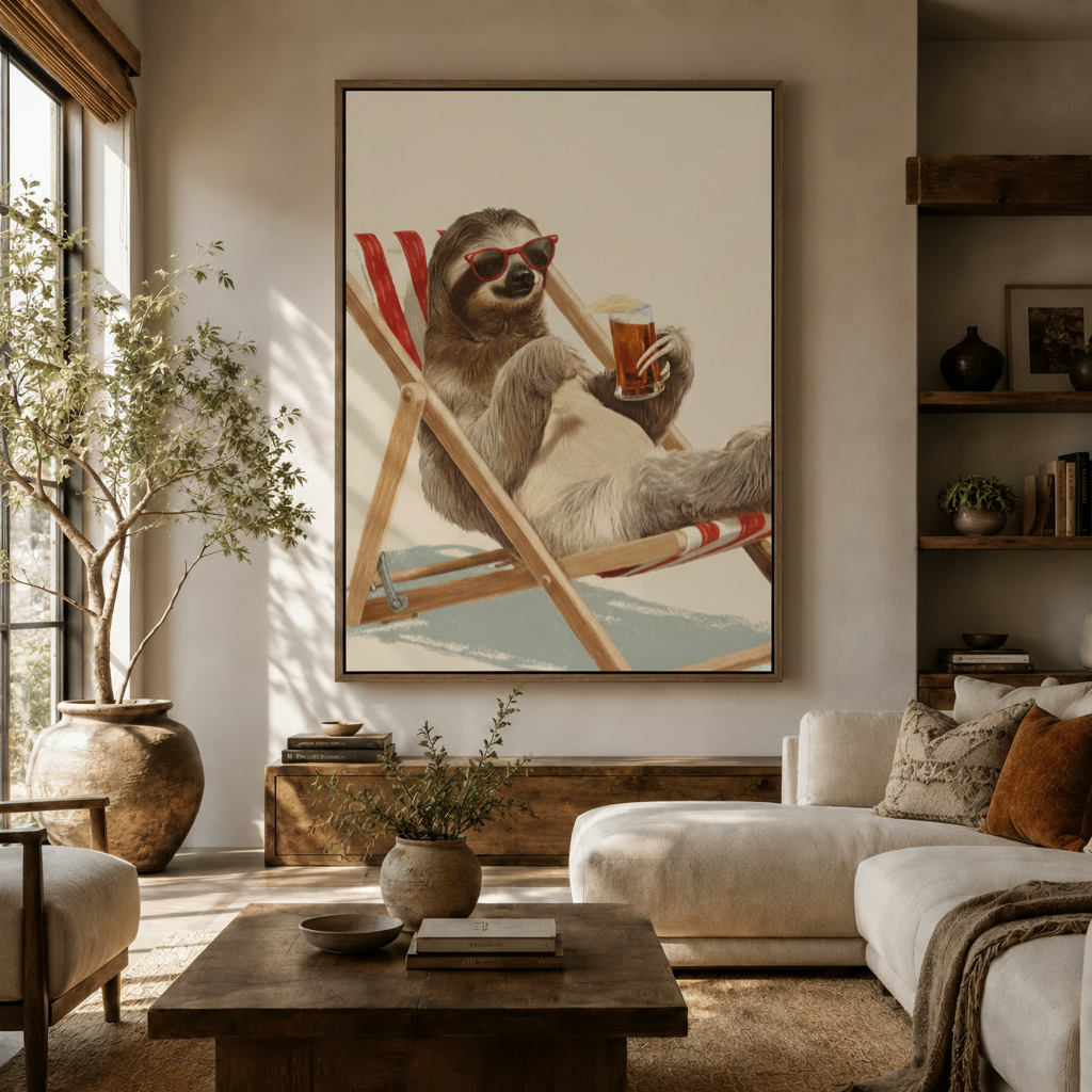 Chill sloth canvas wall art hung in warm Japandi-style living room above console