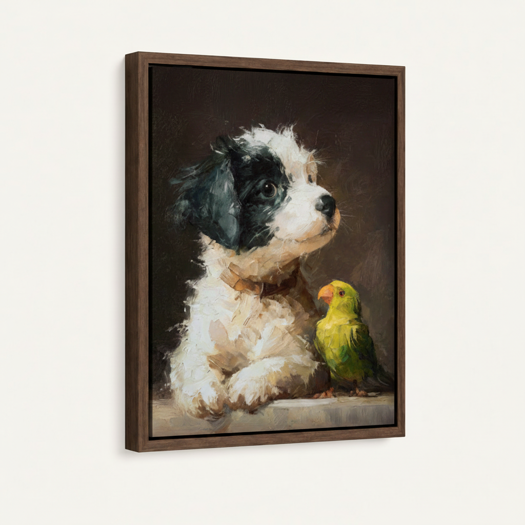Puppy and parrot figurative canvas in dark walnut floater frame, angled product view on white background