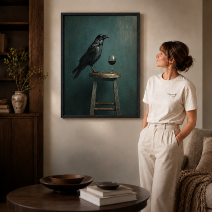 Black framed raven wine wall art adding moody character to an elegant reading space