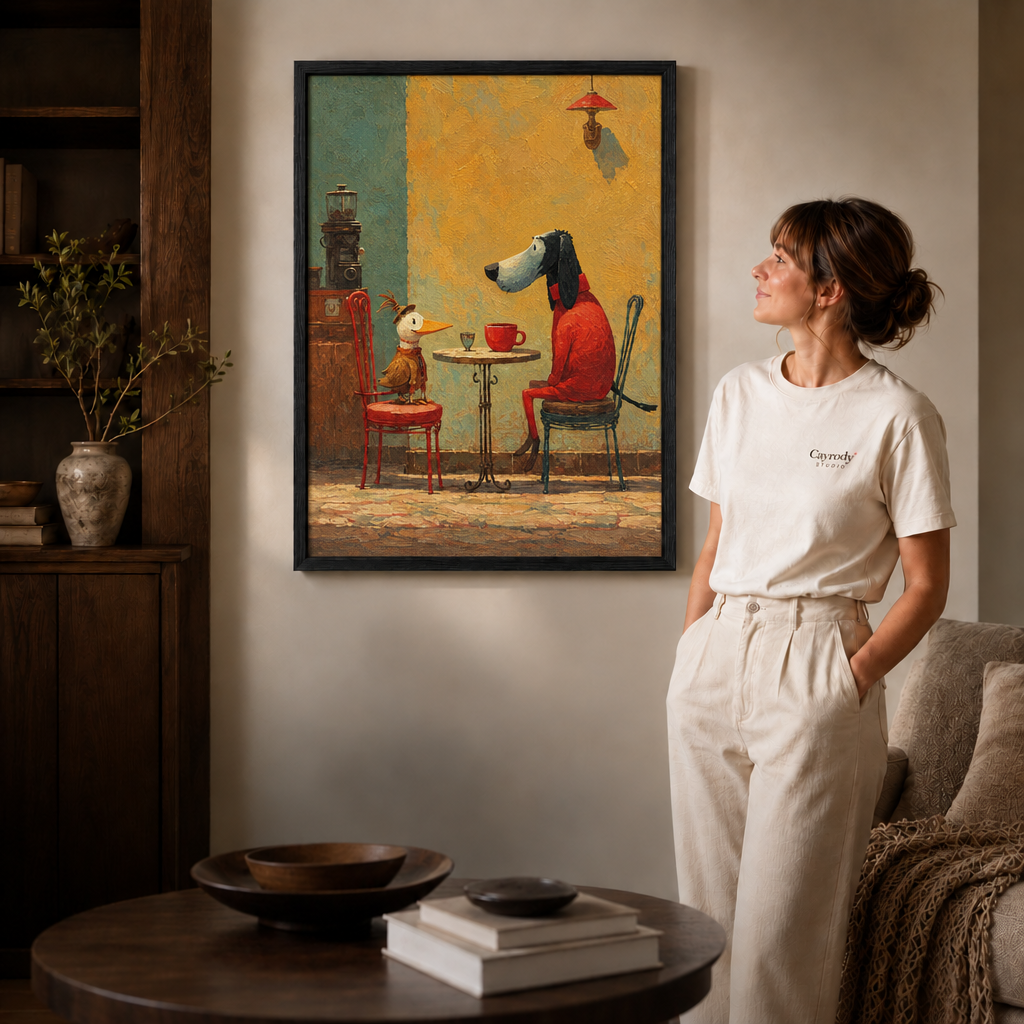 Black framed dog and duck café wall art adding playful warmth to an elegant interior