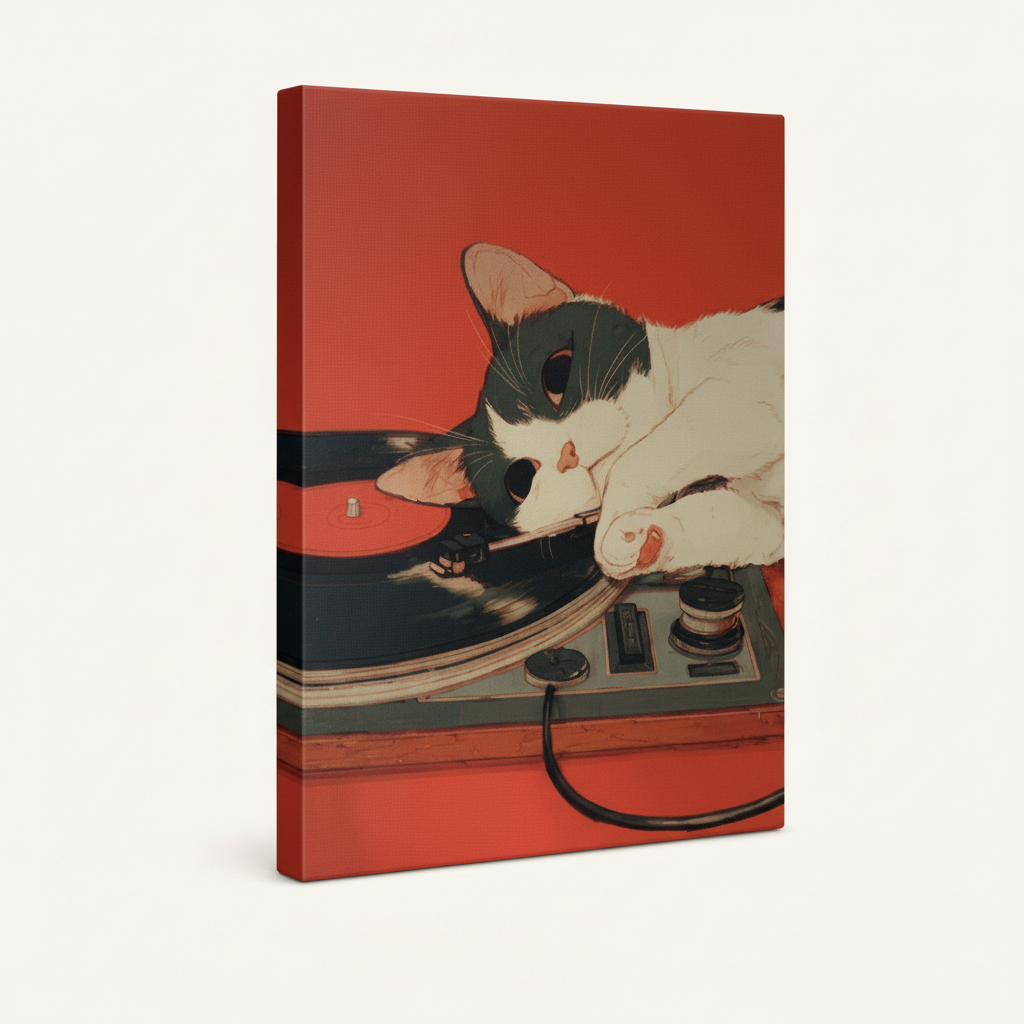 Gallery-wrapped canvas art of cat on record player, angled view showing side depth