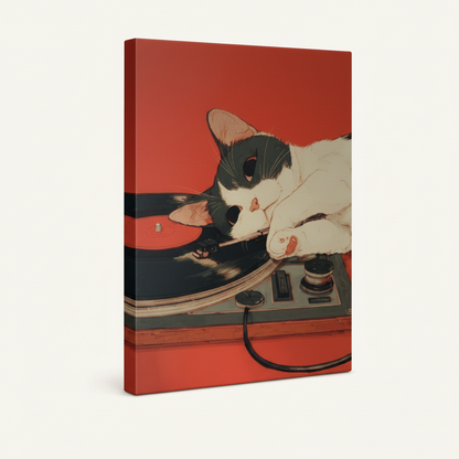 Gallery-wrapped canvas art of cat on record player, angled view showing side depth