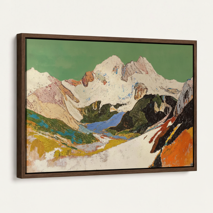 Framed alpine mountain landscape canvas print in dark walnut float frame, angled product view on white background