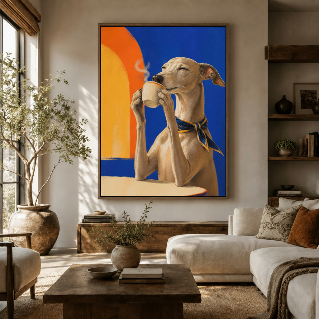 Large Italian Greyhound coffee canvas wall art hung above sideboard in warm modern living room