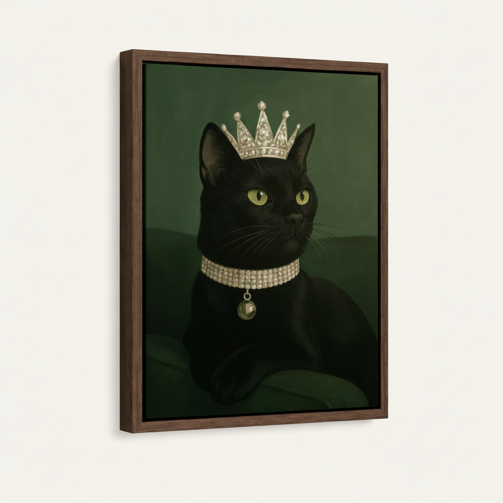 Framed royal black cat crown canvas in dark walnut floating frame 3/4 angle on white background