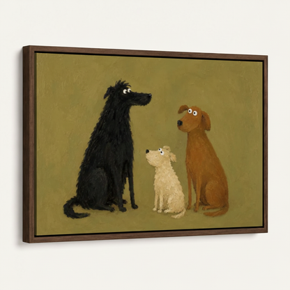 Three dogs folk art framed canvas in dark walnut float frame, angled product view on white background