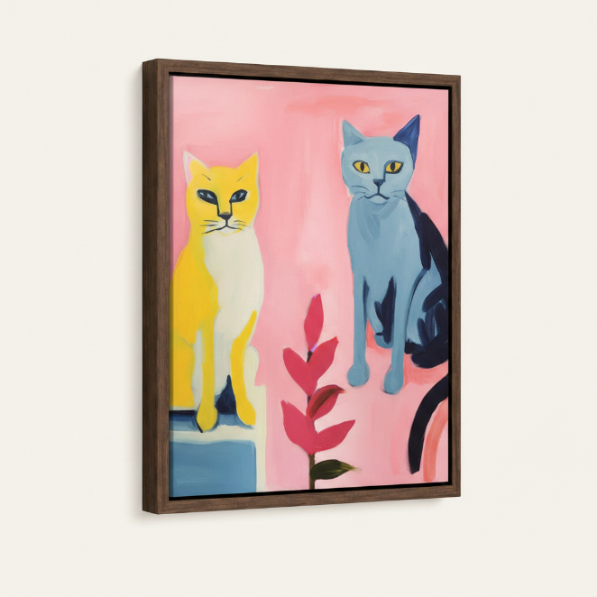 Framed pop art cat canvas print with dark walnut floating frame on clean cream background